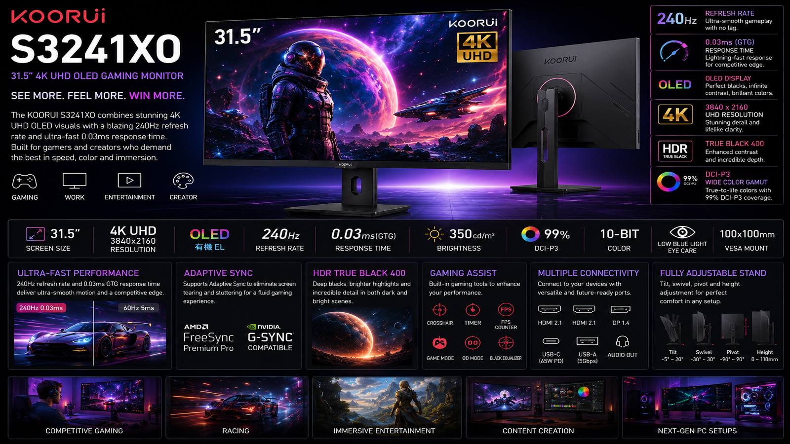 KOORUI S3241XO, 31.5-inch OLED 4K UHD Gaming Monitor, 3840x2160, 240Hz, 0.03ms, HDR True Black 400, 99% DCI-P3, 10-Bit Colour, HDMI 2.1, DisplayPort 1.4, USB-C, Adaptive Sync, Ergonomic Stand | S3241XO